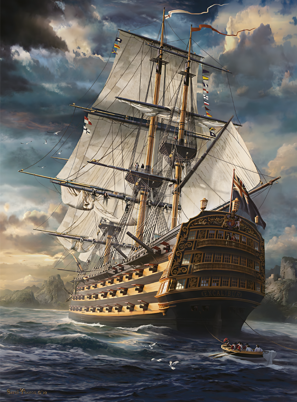 Barco a Vela Excalibur montado (vertical, 50 × 75 cm), em escala com a caixa