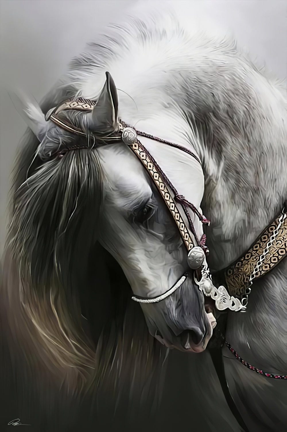 Cavalo Branco Raça Pura montado (vertical, 50 × 70 cm), em escala com a caixa