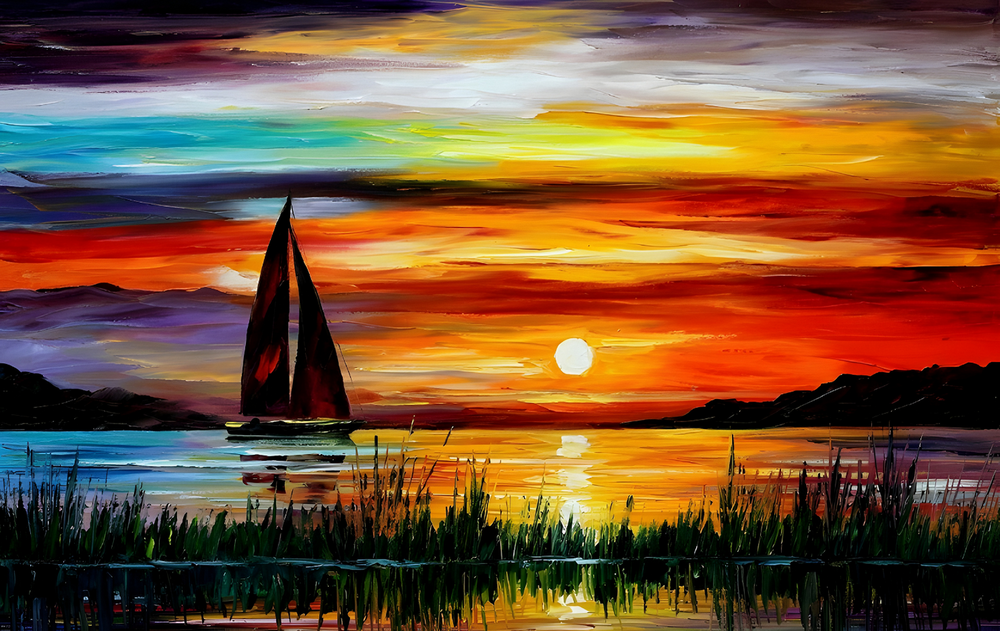 Pôr do Sol com Veleiro montado (horizontal, 75 × 50 cm), em escala com a caixa