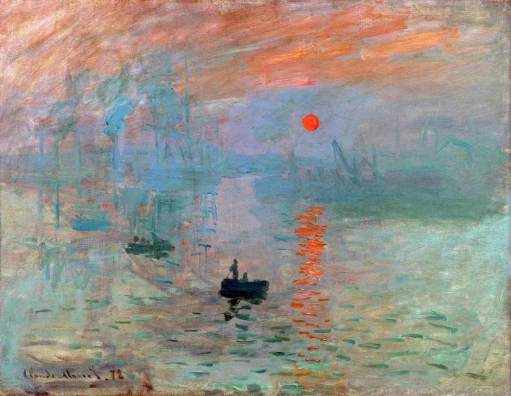 Impressão, Nascer do Sol montado (horizontal, 70 × 50 cm), em escala com a caixa